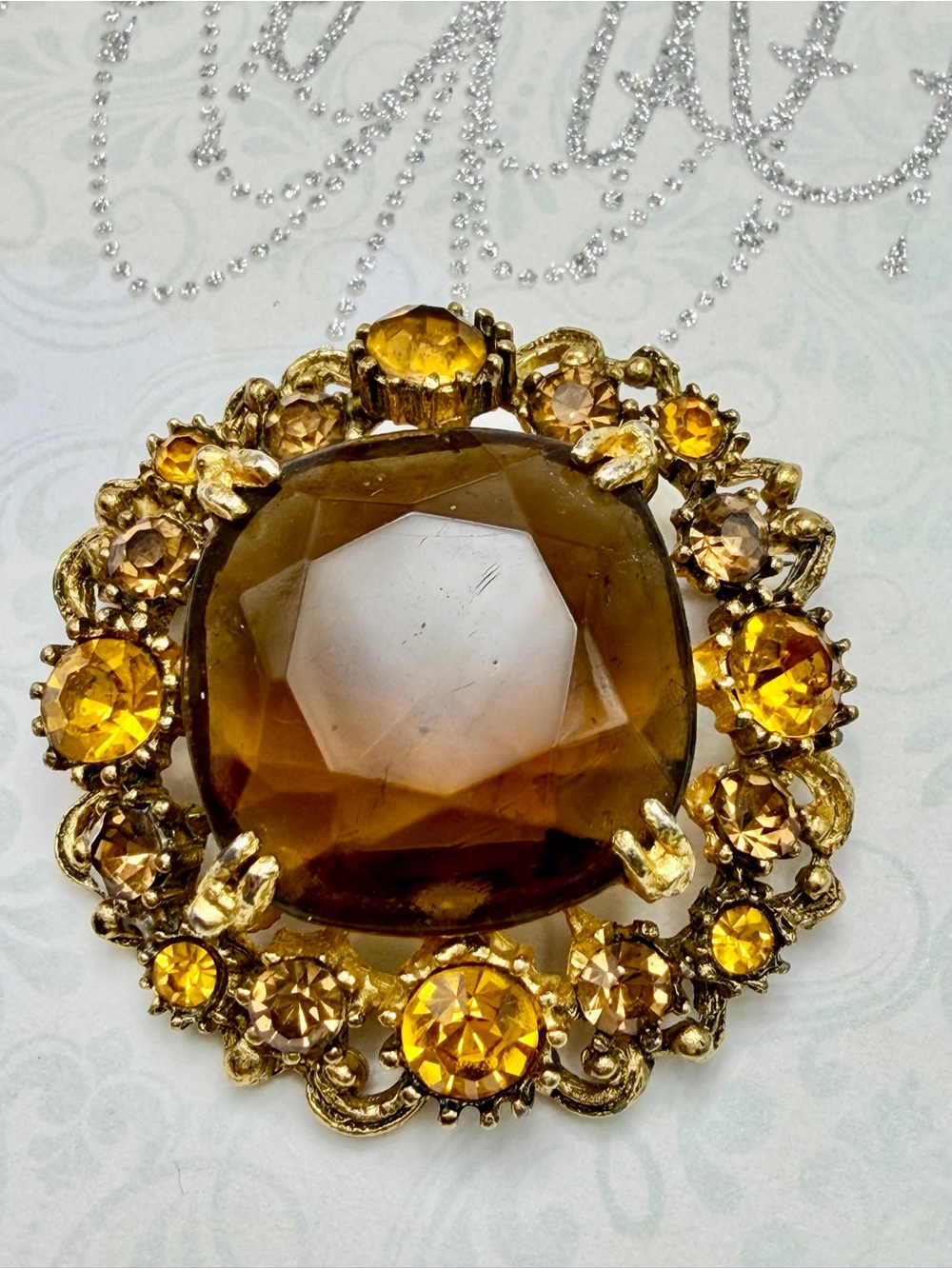 Vintage Amber Art Glass Brooch #cz712